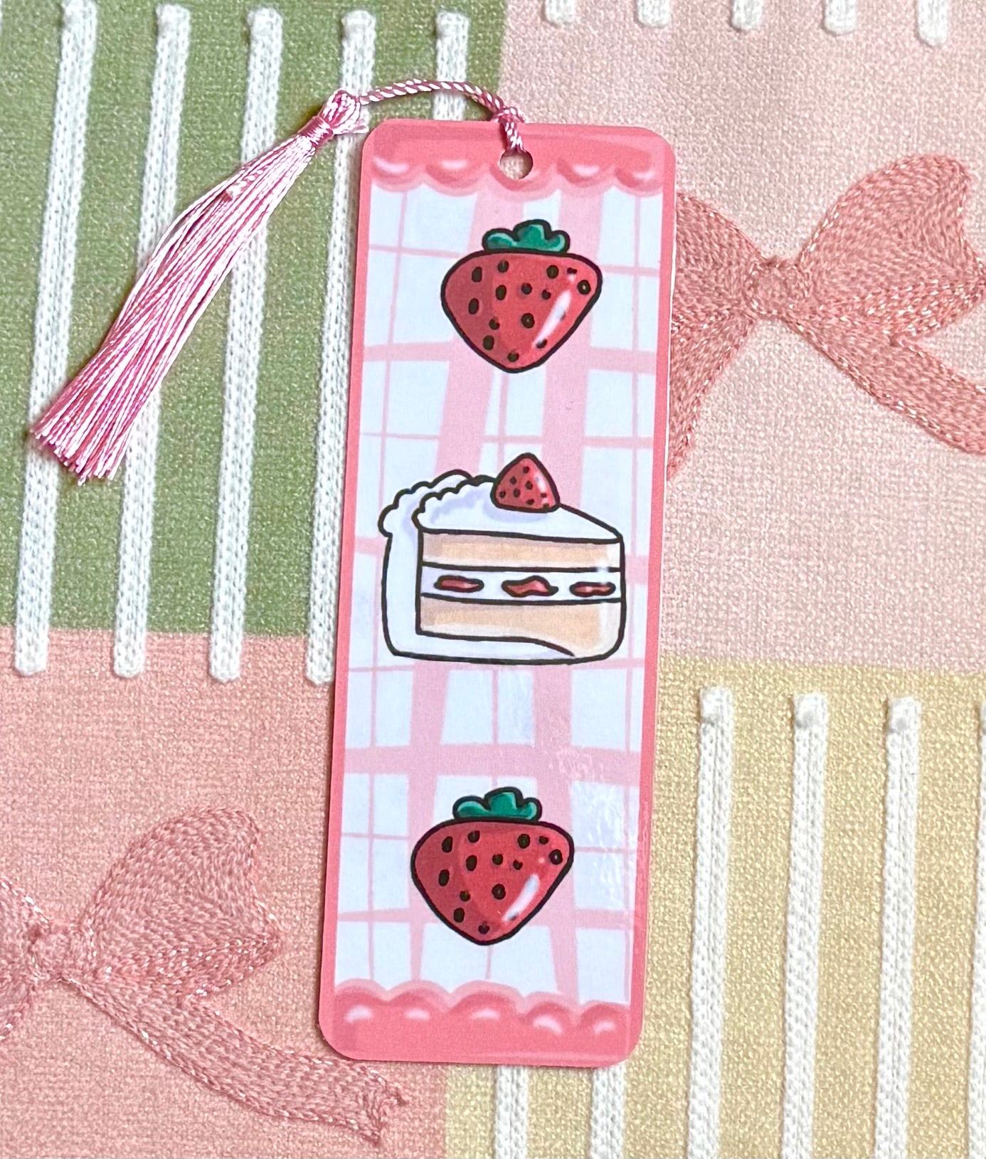 Strawberry Cake Laminated Bookmark (pink tassel)
