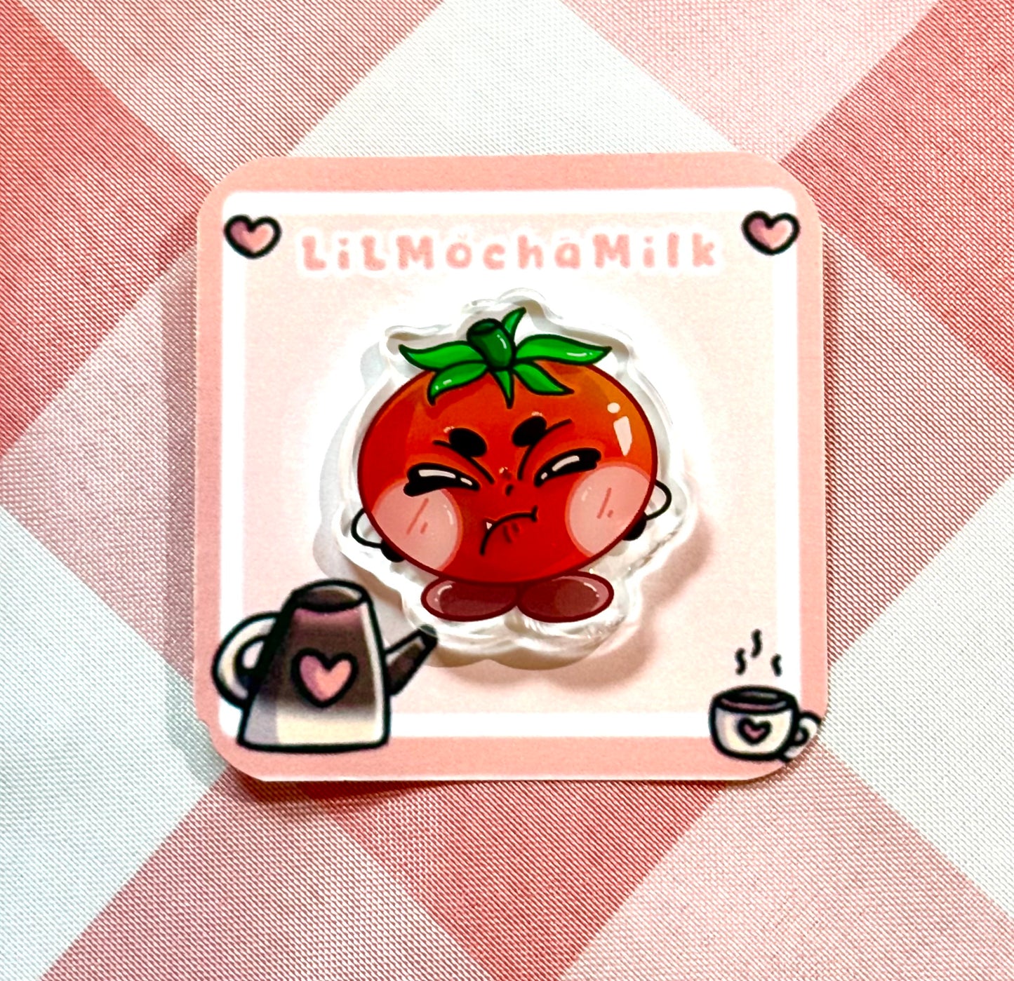 Grumpy Tomato Pin (pink heart backing)